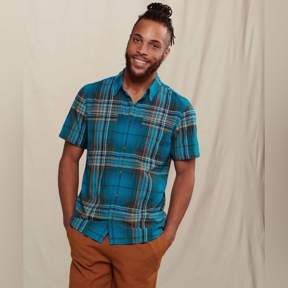 LAST ONE! NWT Toad&Co M Smythy 100% Organic Cotton Aqua Plaid Button Up Shirt - Picture 1 of 2